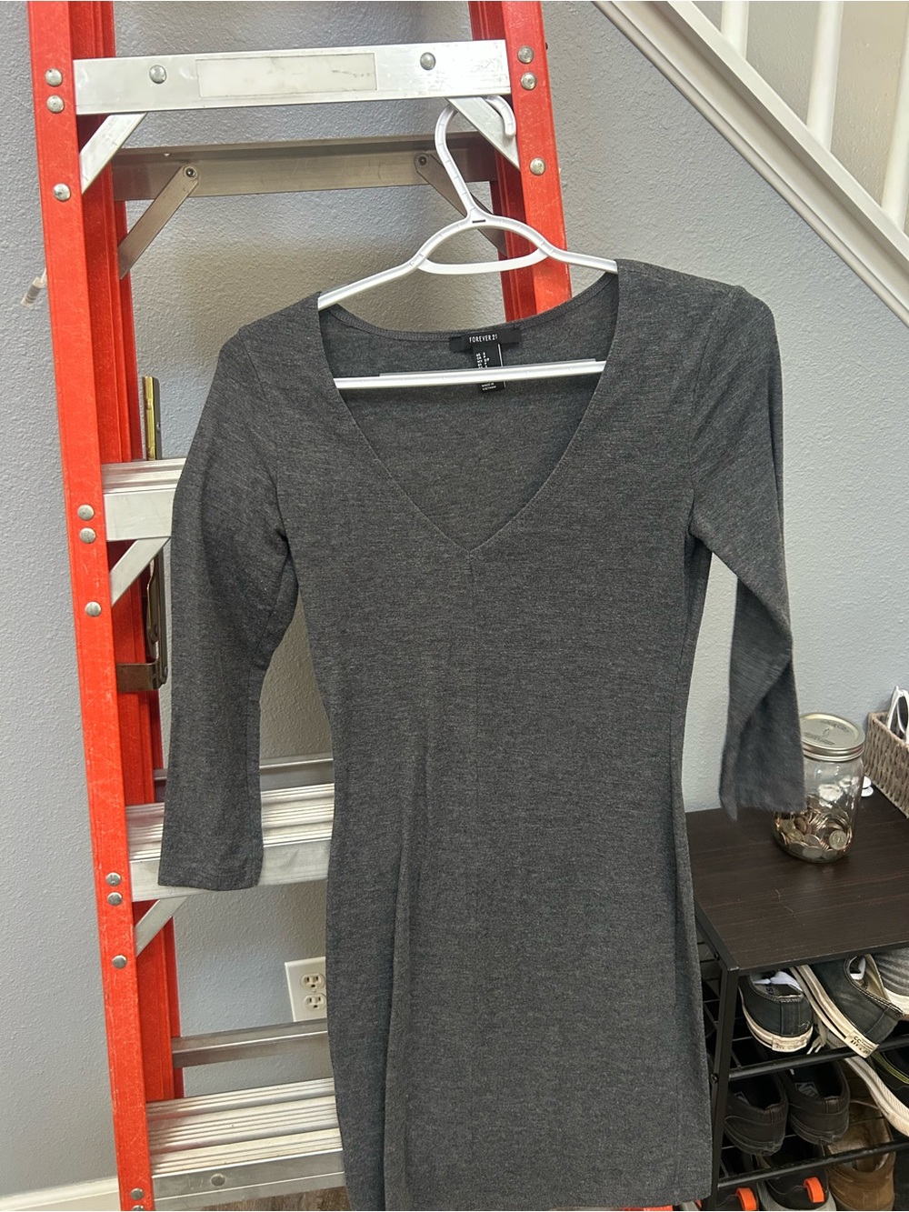 Forever 21 Charcoal V-Neck Long Sleeve Knit Dress